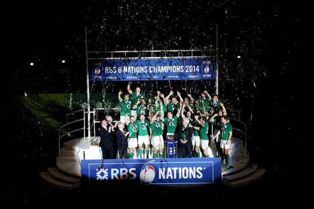 Podium shot of Ireland receiving 2014 RBS 6 Nations Trophy
